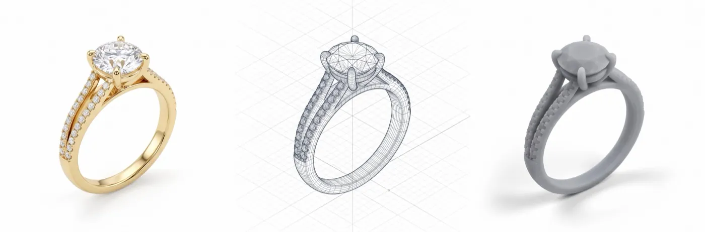 Kostenlos anprobieren 1 Vom fertigen Ring über das 3D-Modell zum gedruckten Anprobering aus Kunstharz