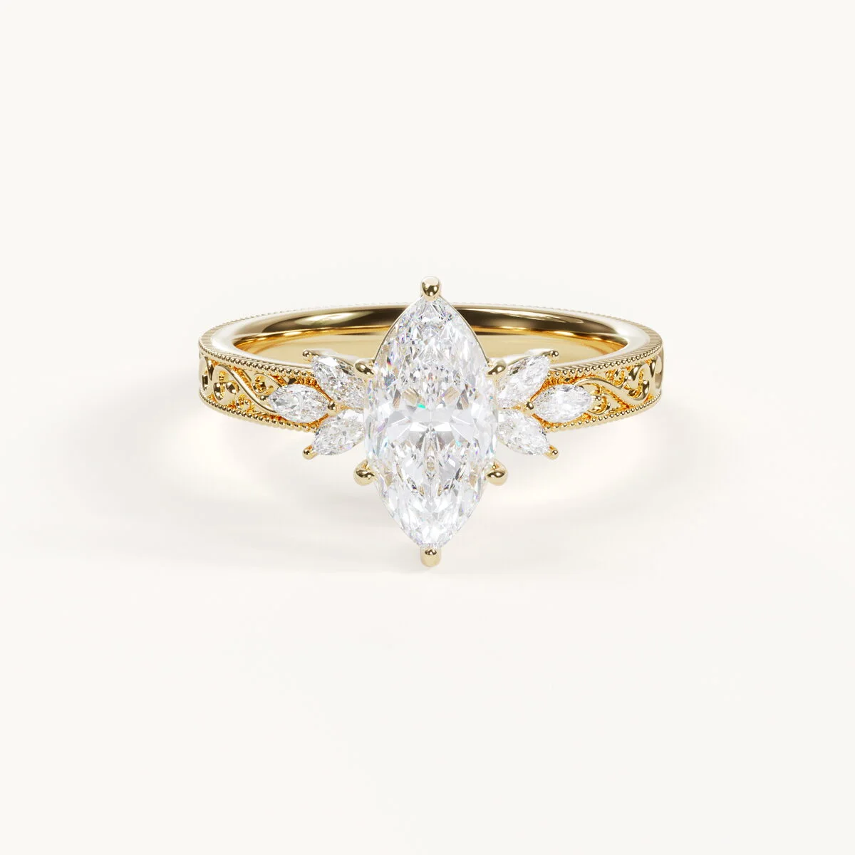 Allée en Fleur Ring with a Marquise Diamond and Floral Accents