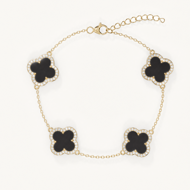 Klee-Armband in Gelbgold mit vier schwarzen Kleeblättern und Moissanitbesatz