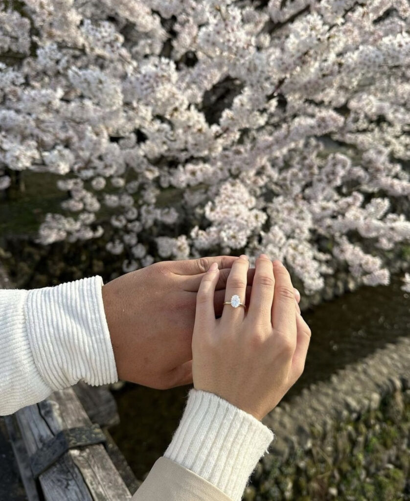 Two hands holding an engagement ring in front of a tree in bloom