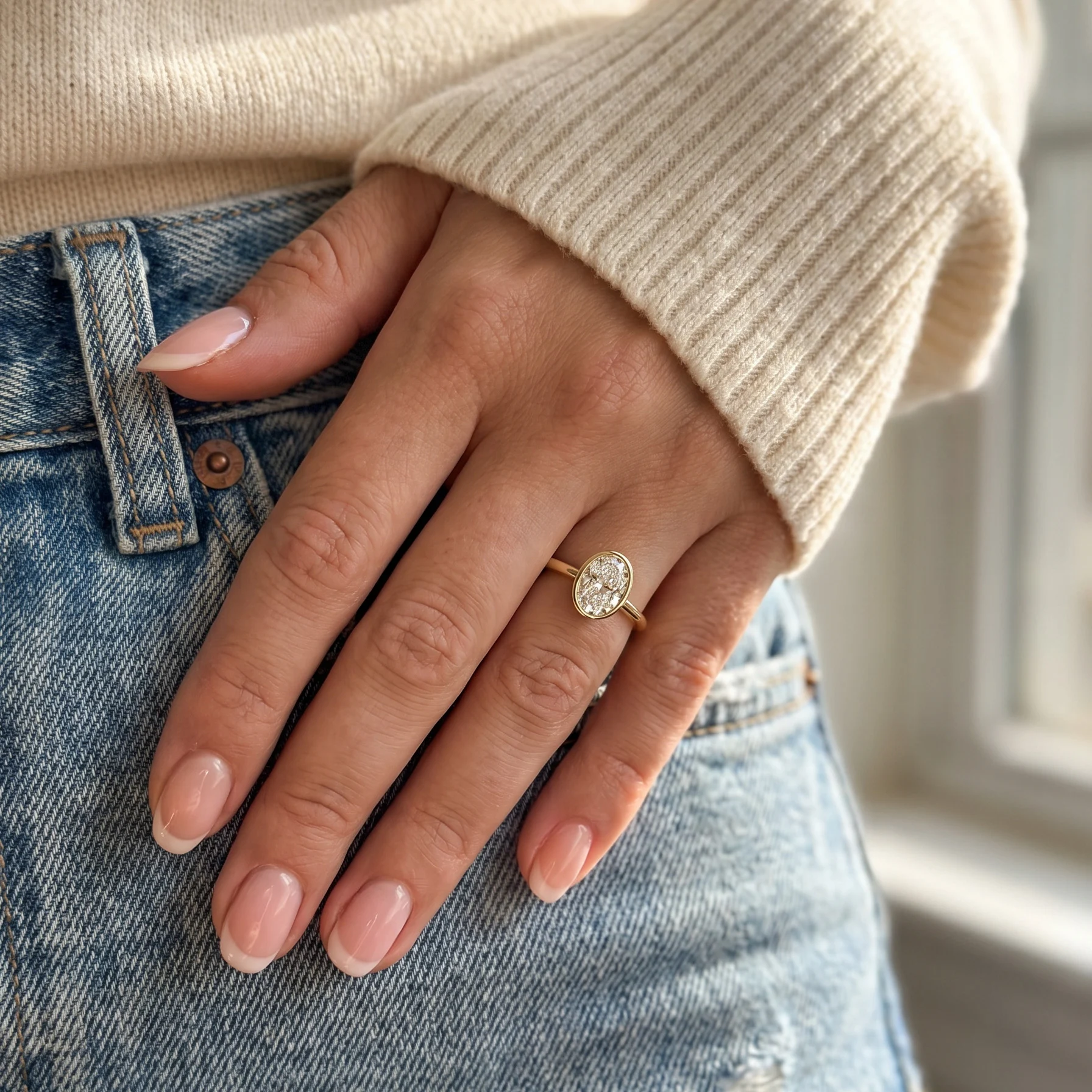 Ovaler Bezel-Verlobungsring aus Gelbgold an einer Hand