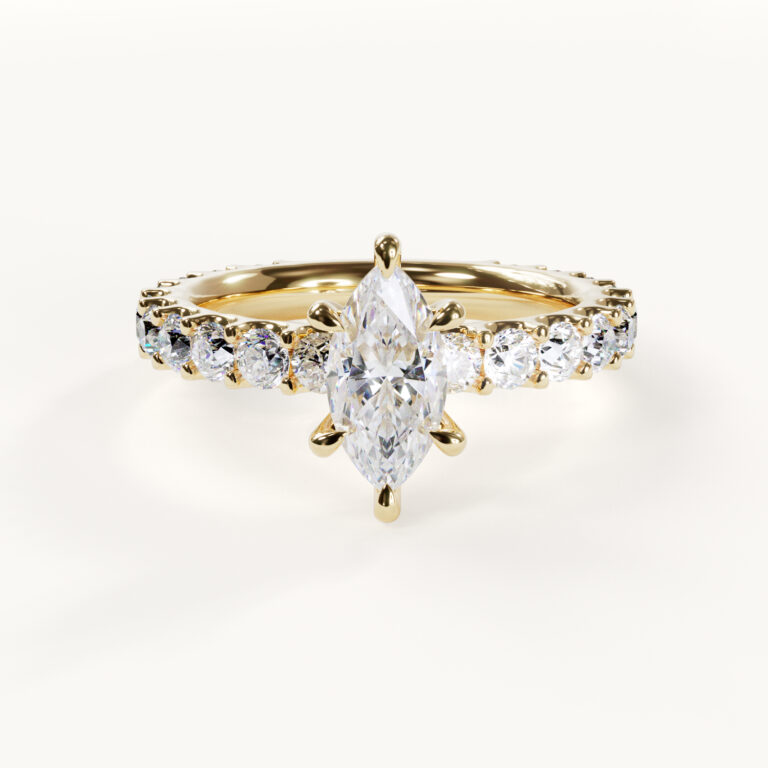Rêverie Eternity-ring, verlovingsring in marquise-vorm van geelgoud met 1 karaat moissaniet in de stijl van Selena Gomez