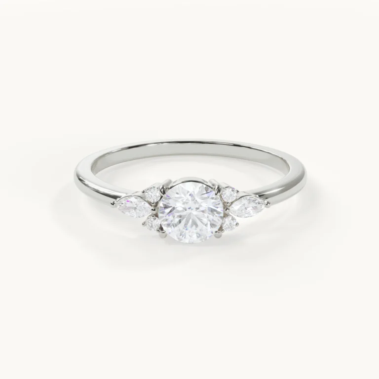 Muse Lumière Brilliant Engagement Ring with a 0.5-ct. round centre stone and marquise-cut side stones in white gold or platinum – Front view