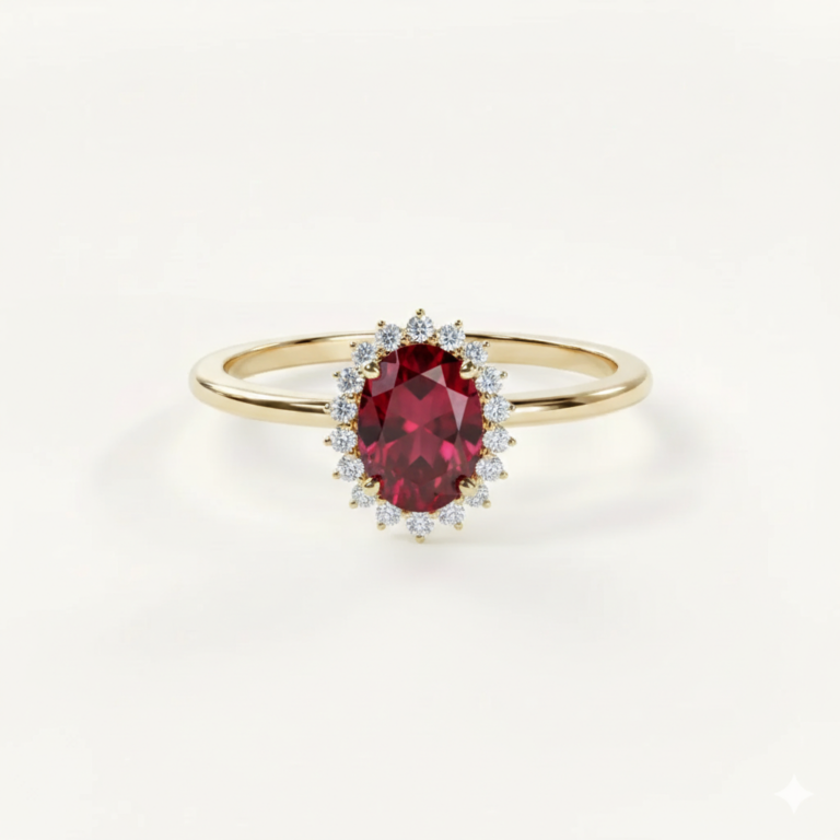 Muse Aurora – Halo-ring met geboortesteen - juli · Robijnrood