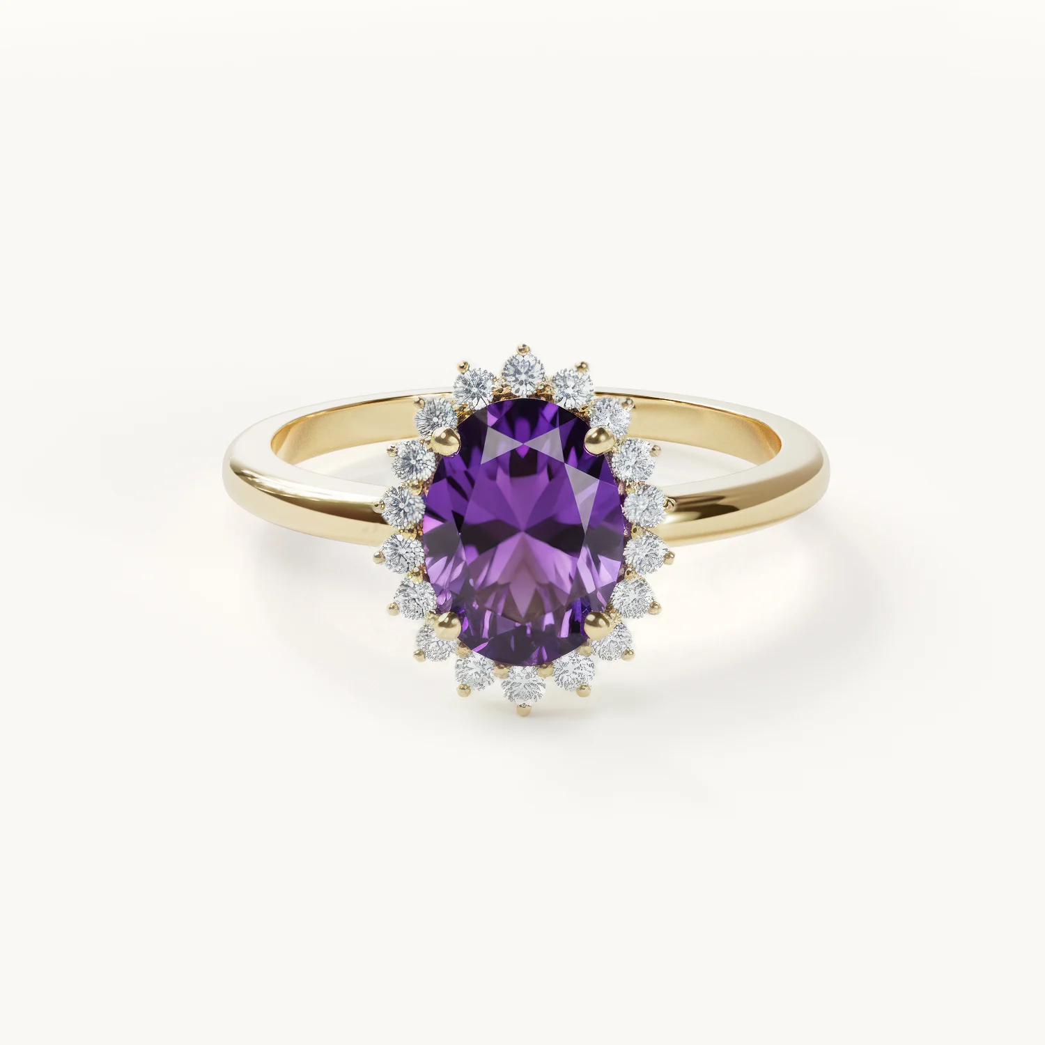 Gold ring with a purple gemstone and diamonds
