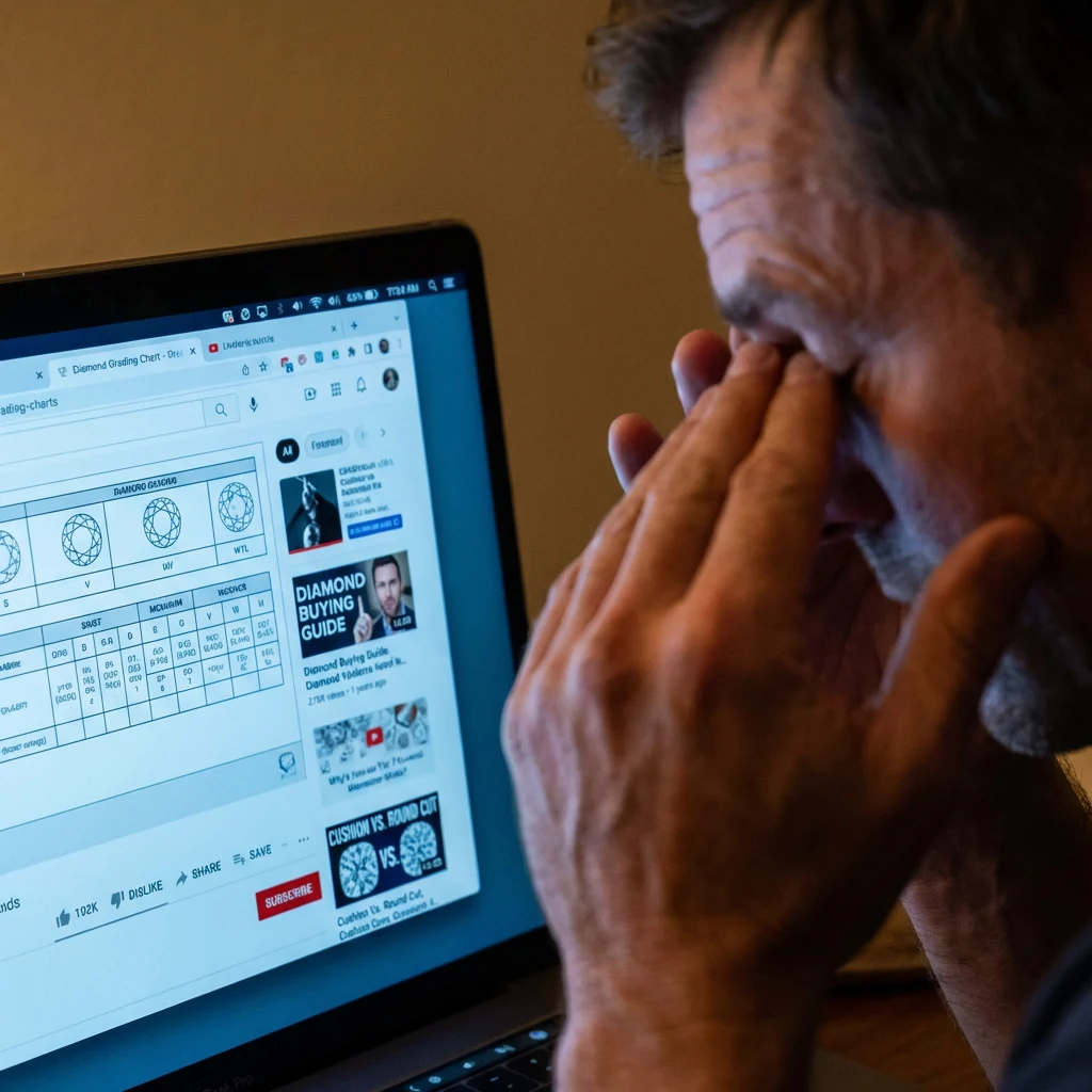 Man researches engagement rings on his laptop