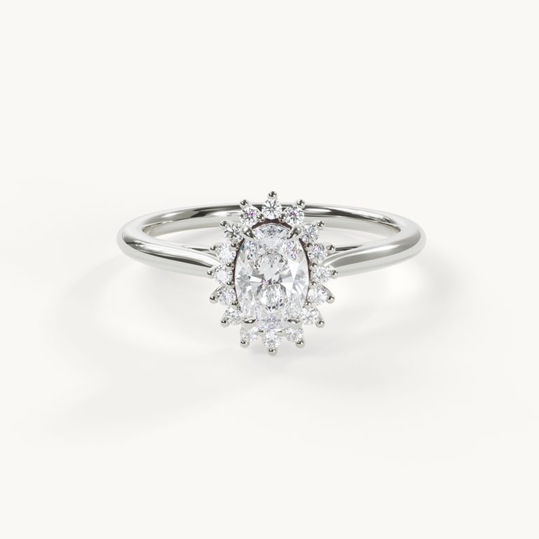 Oval engagement ring with a 0.5 ct stone in 14k white gold with a halo setting – Velur
