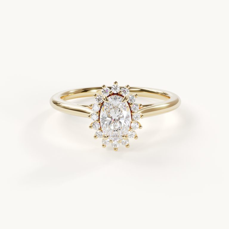 Ovale verlovingsring met een steen van 0,5 ct in 14-karaats geelgoud met halo-zetting – Velur