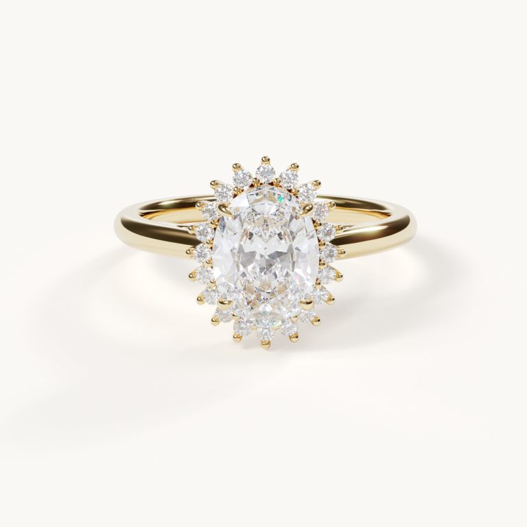 Ovale verlovingsring met een steen van 1,5 ct in 14-karaats geelgoud met halo-zetting – Velur