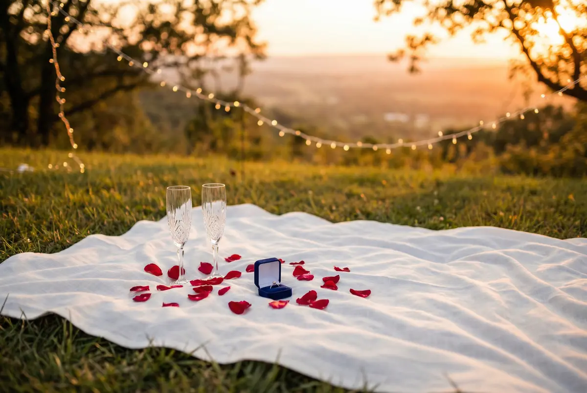 Romantisches Picknick-Setup für einen Heiratsantrag mit Kerzen, Blumen und Champagner