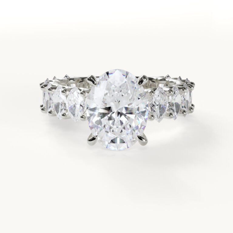Velur Lumière Elegance Eternity Band Oval Ring with 3 ct. Moissanite in White Gold – Handcrafted Engagement Ring with Oval Accent Stones