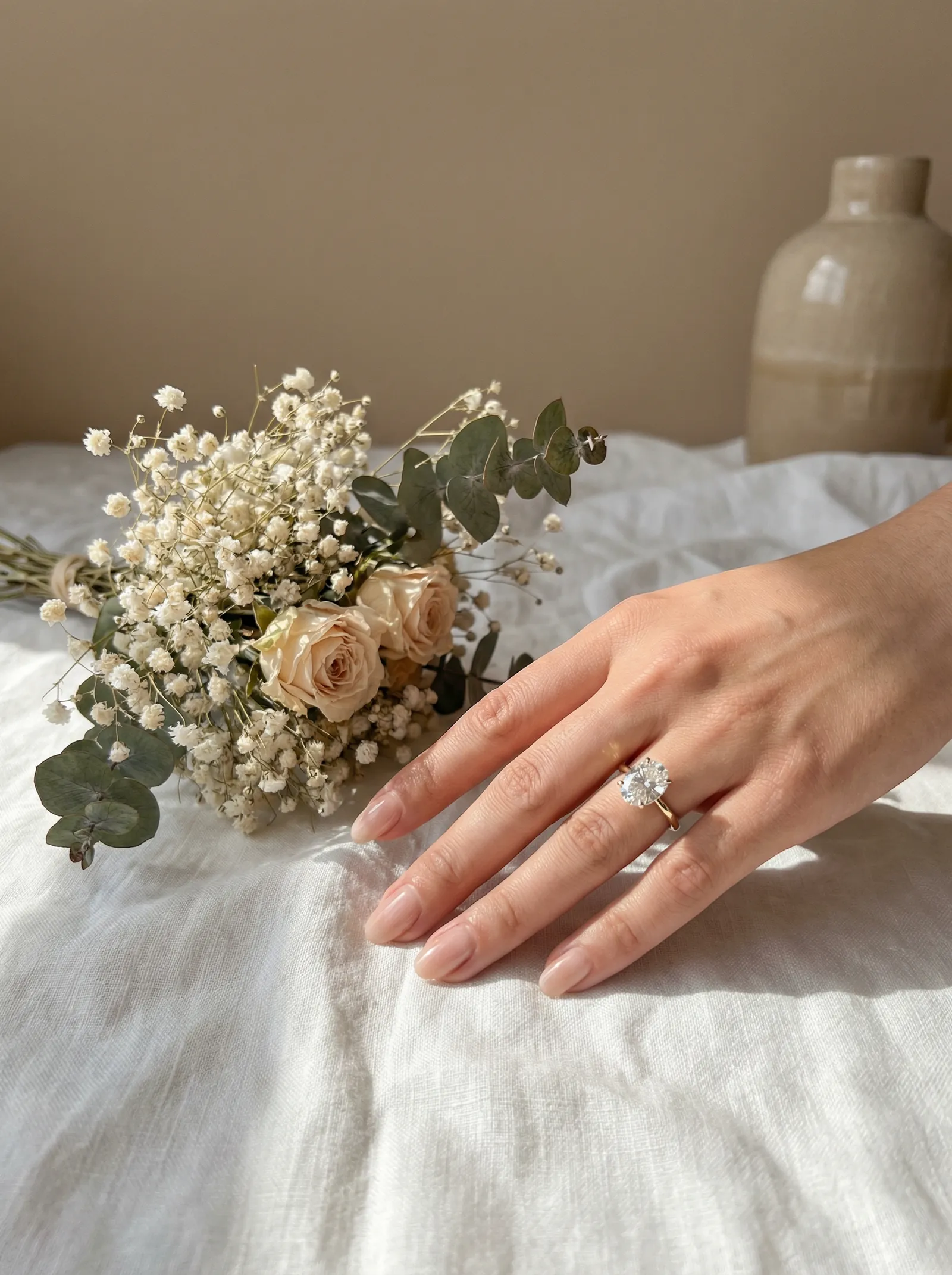 Frauenhand mit goldenem Verlobungsring und Blumenstrauß – Lifestyle-Aufnahme