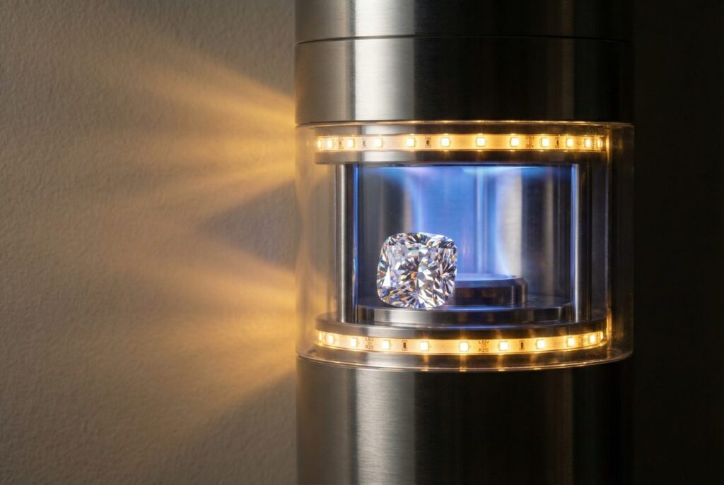 HPHT vs CVD – Lab-Diamant in Wachstumskammer mit dramatischem Licht