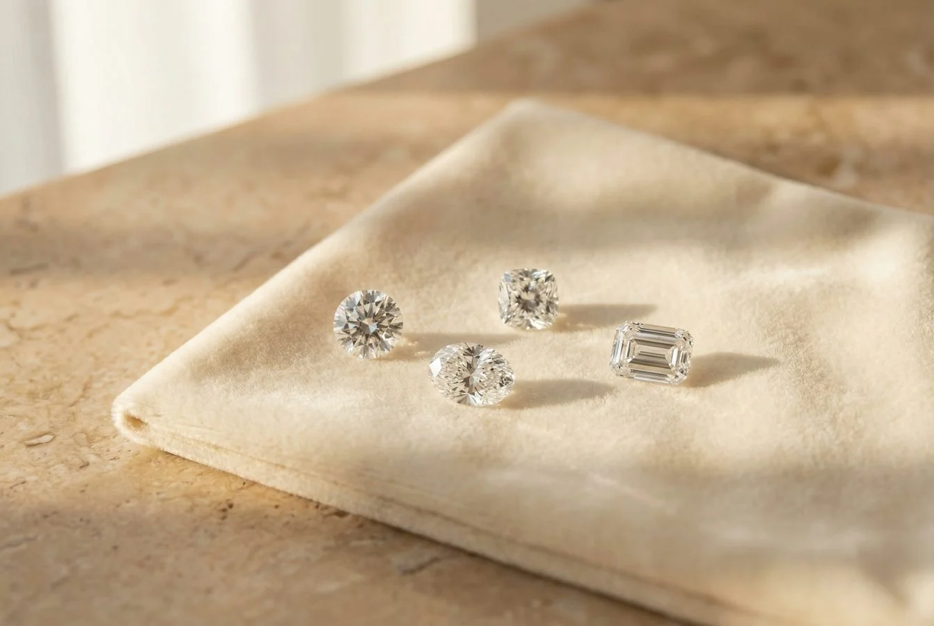 Vier verschiedene Diamantschliffe auf beigem Samt – Rund, Oval, Cushion und Smaragd