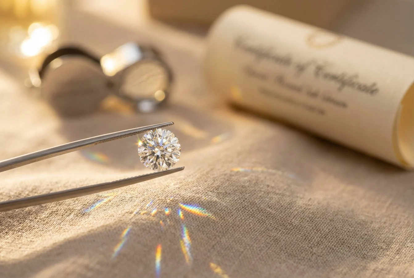 Lab-Diamant Kaufberatung – Brillanter Diamant wird mit Pinzette vor Zertifikat geprüft