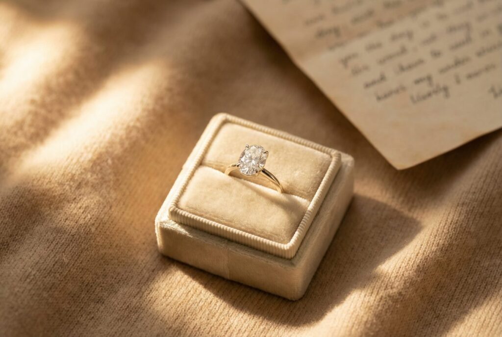 Ein eleganter Lab-Diamant Verlobungsring auf beigem Hintergrund, der Wertbeständigkeit symbolisiert
