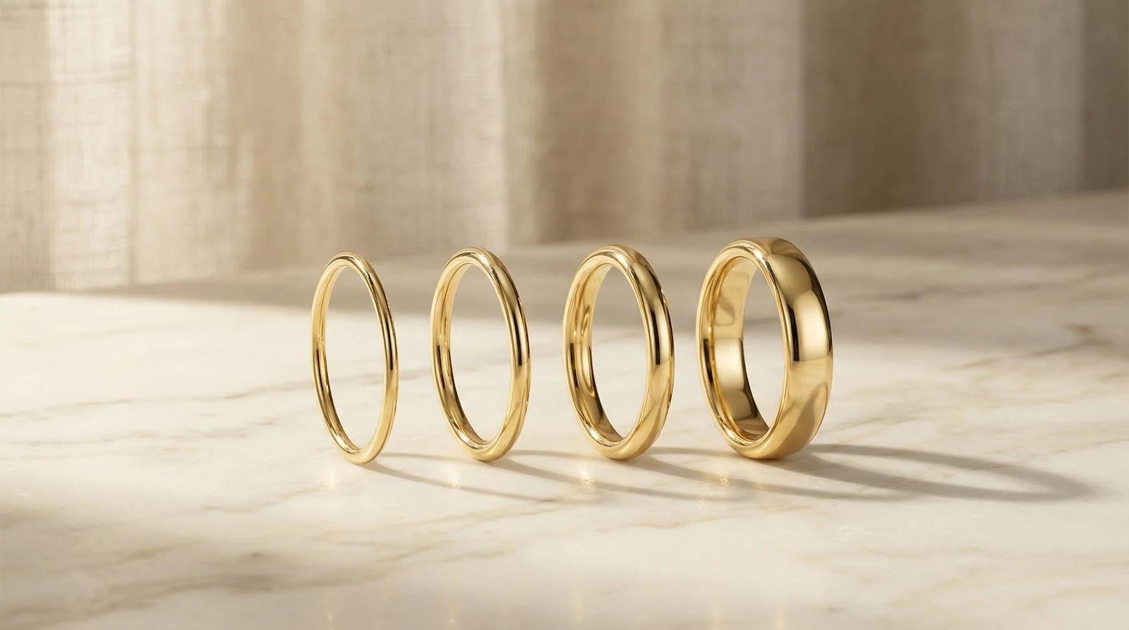 Vier Gelbgold Ringb&auml;nder in den Breiten 1,3mm, 1,5mm, 1,8mm und 2,1mm auf Marmor