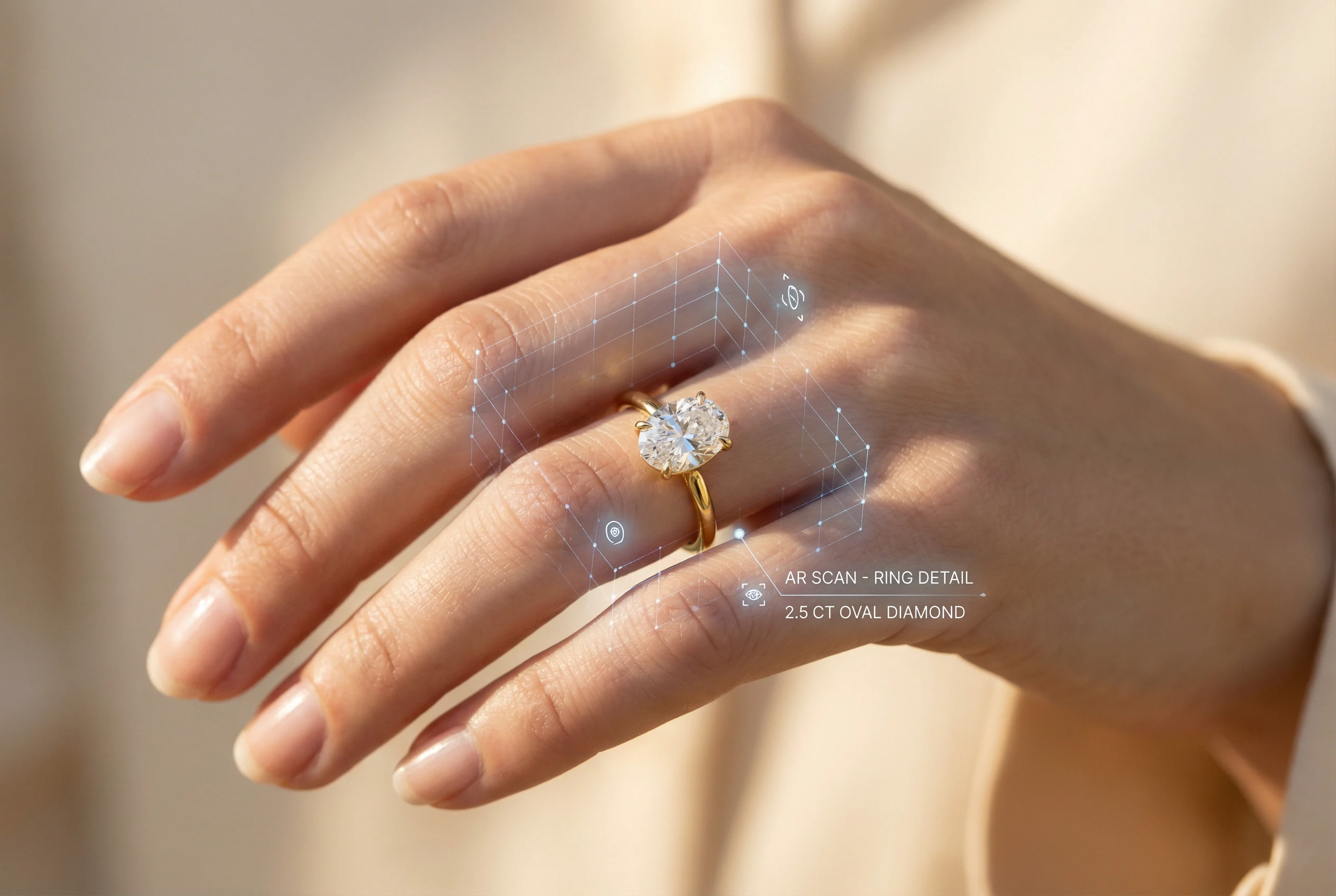 Ovaler Verlobungsring auf einer Hand mit AR-Scan-Overlay – Tangiblee Virtual Try-On