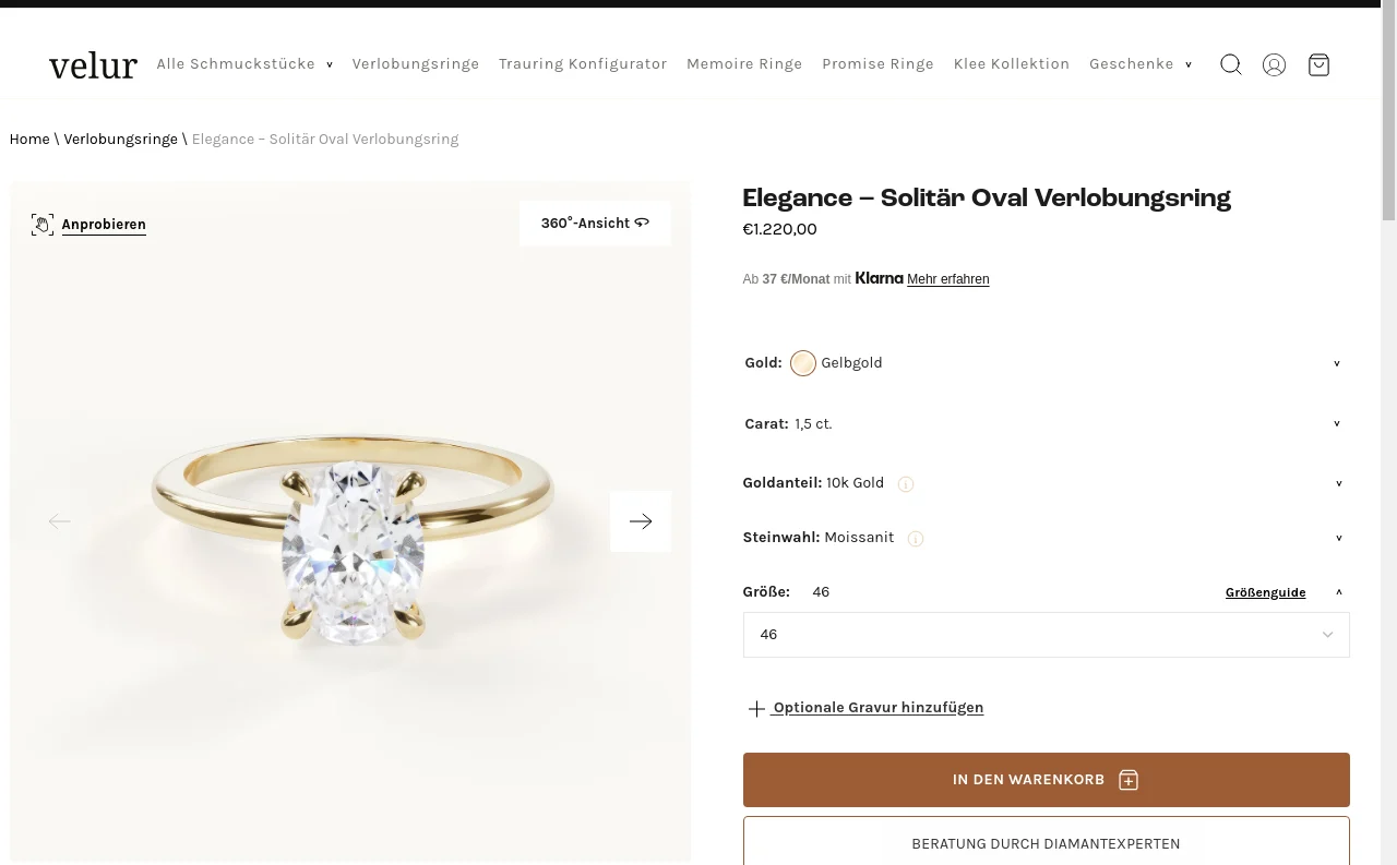 Screenshot der Velur Produktseite mit dem Anprobieren-Button für die virtuelle Ringanprobe