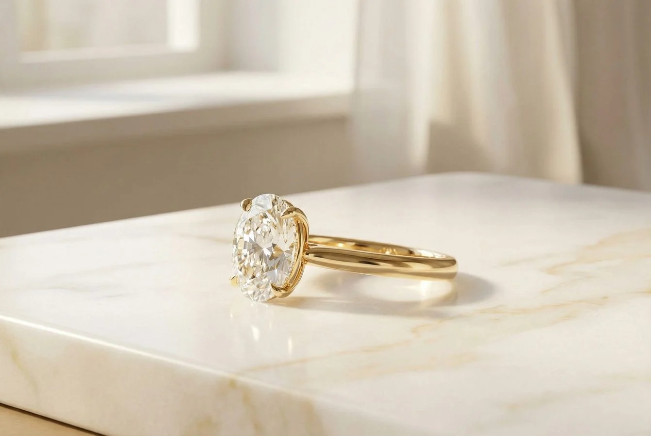 Gelbgold Oval Solitär Verlobungsring auf Marmor – Anatomie und Aufbau eines Verlobungsrings