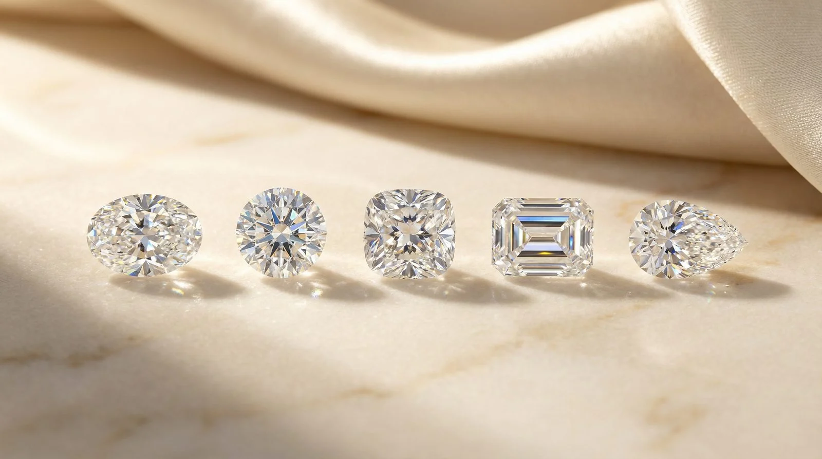 F&uuml;nf Diamant-Schliffformen nebeneinander: Oval, Rund, Cushion, Emerald und Pear auf Marmor