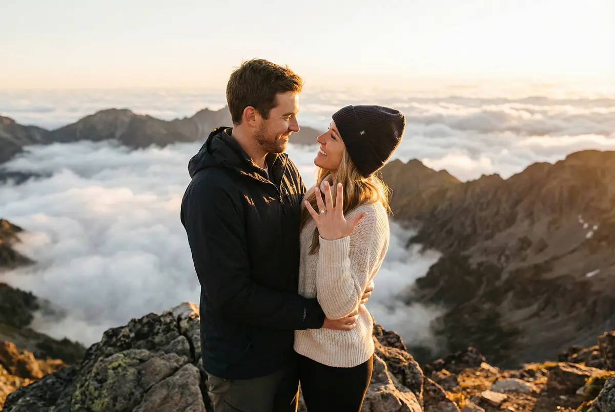 Paar auf einem Berggipfel bei Sonnenaufgang – perfektes Setting für einen Heiratsantrag in der Natur