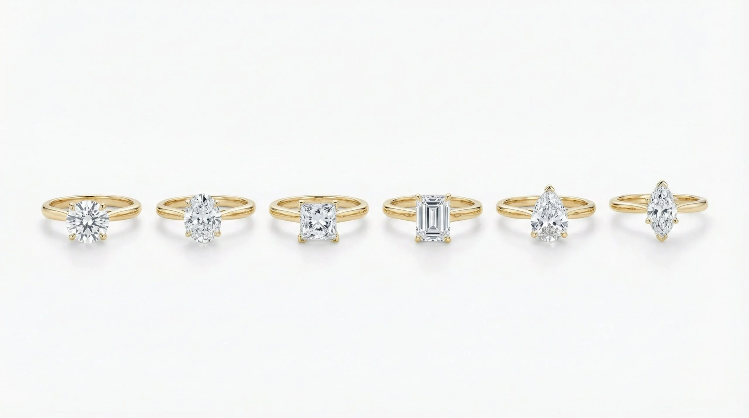 Six engagement rings in various shapes—round, oval, princess, emerald, teardrop, and marquise