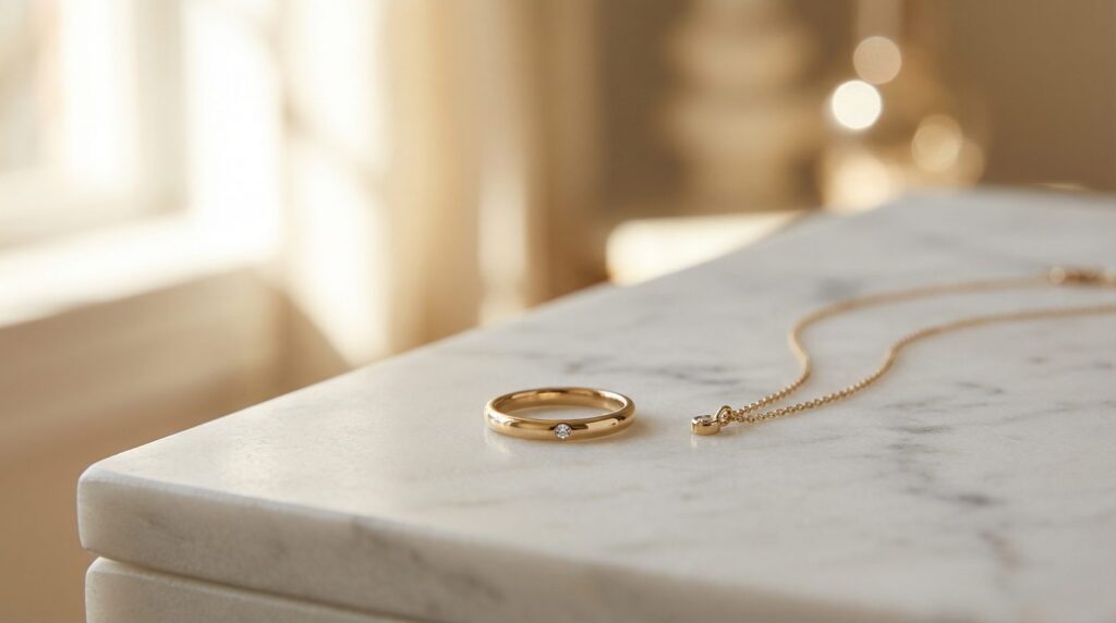 Gold Vermeil Schmuck – eleganter Goldring und Kette auf Marmor