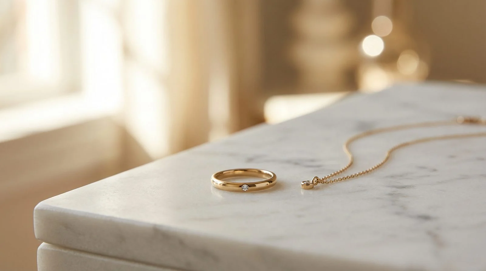 Gold-Vermeil-Ring und feine Kette auf hellem Marmor