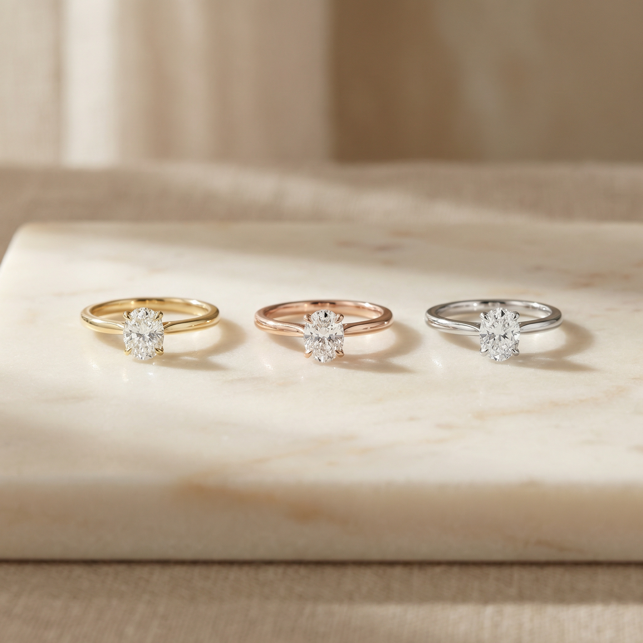Gelbgold, Weißgold oder Roségold: Welche Goldfarbe passt zum Verlobungsring? 1 Drei ovale Verlobungsringe in Gelbgold, Roségold und Weißgold im Vergleich