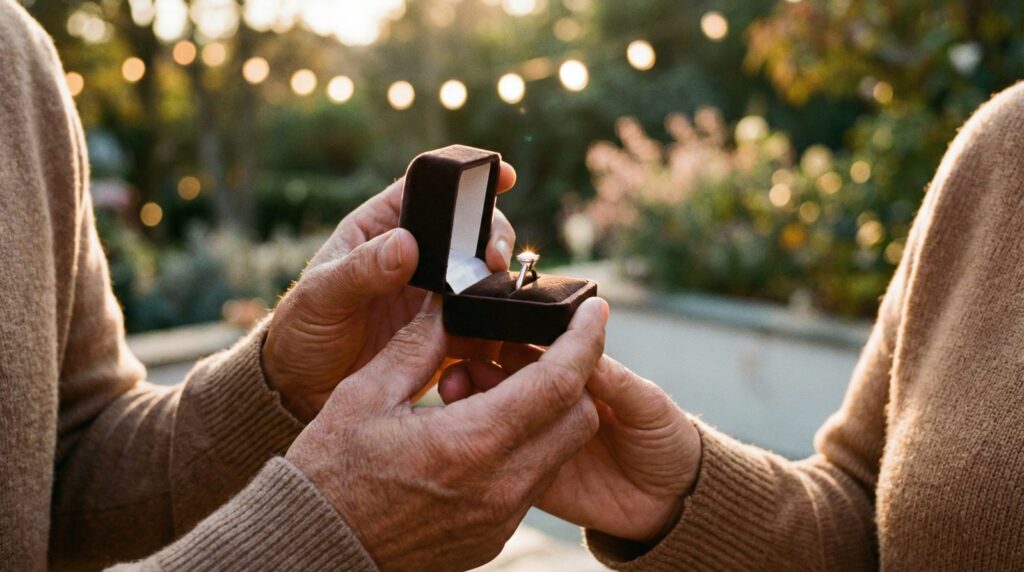 Heiratsantrag Ideen – Mann hält geöffnete Ringbox mit Verlobungsring bei Sonnenuntergang