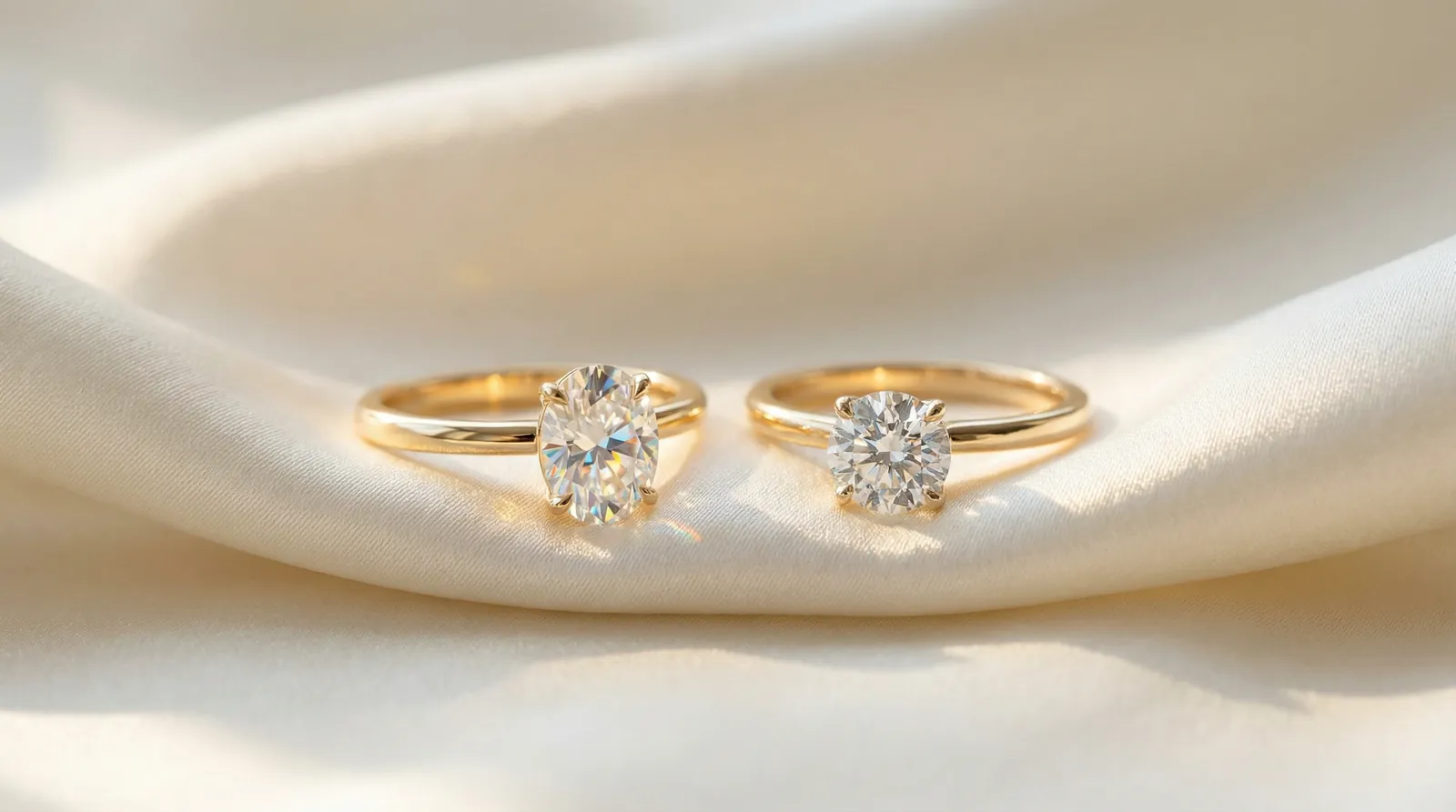 Moissanit und Lab-Diamant Verlobungsringe nebeneinander auf Seide – Vergleich der Brillanz