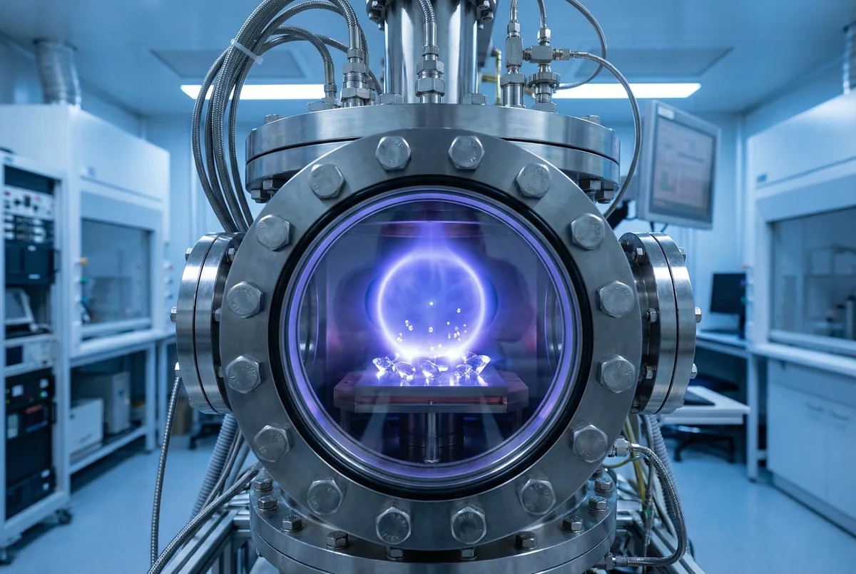 CVD process: Diamond growth in a plasma chamber; blue-glowing plasma above a diamond seed