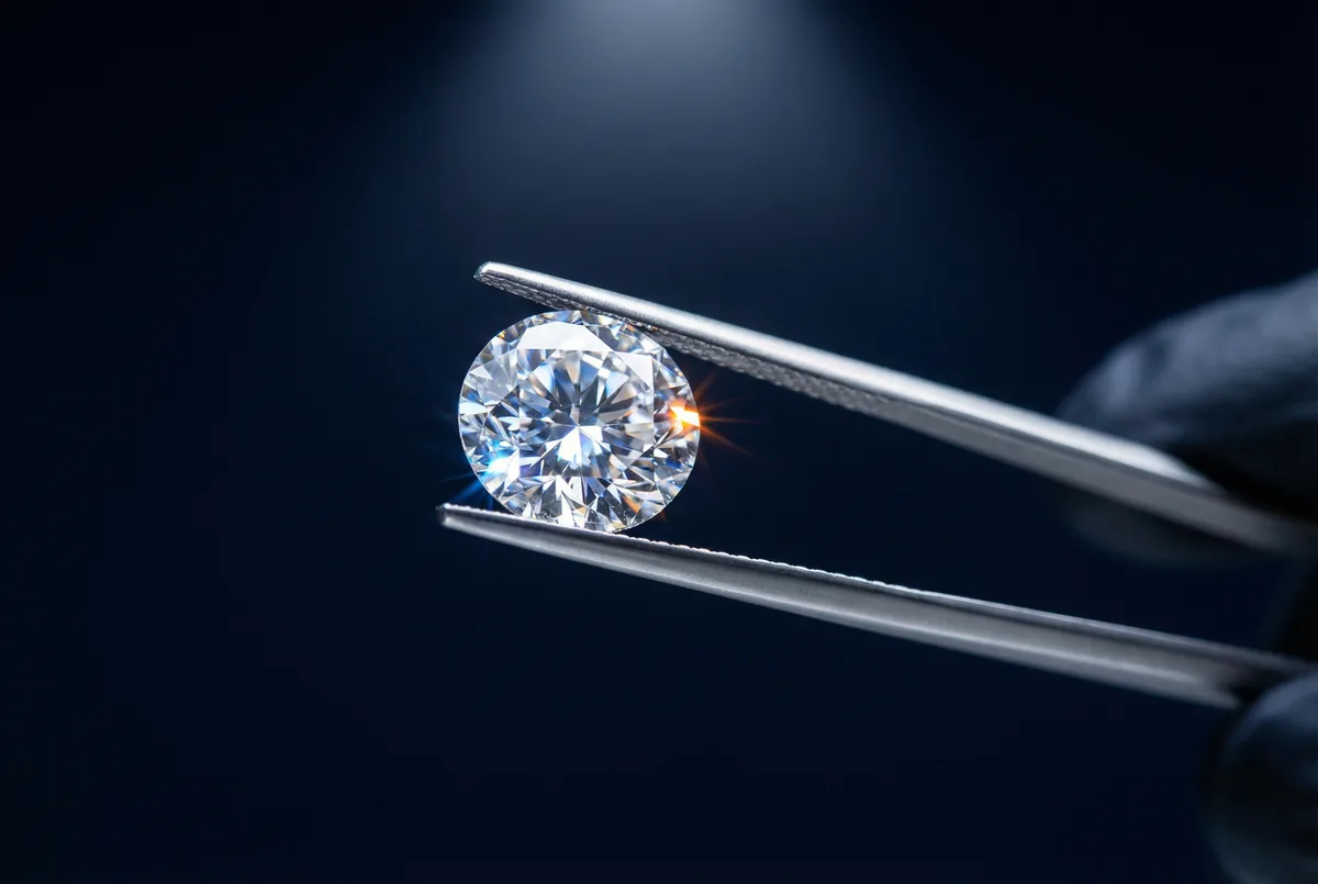 A lab-grown diamond held in tweezers, displaying intense brilliance, with a laboratory setting in the background