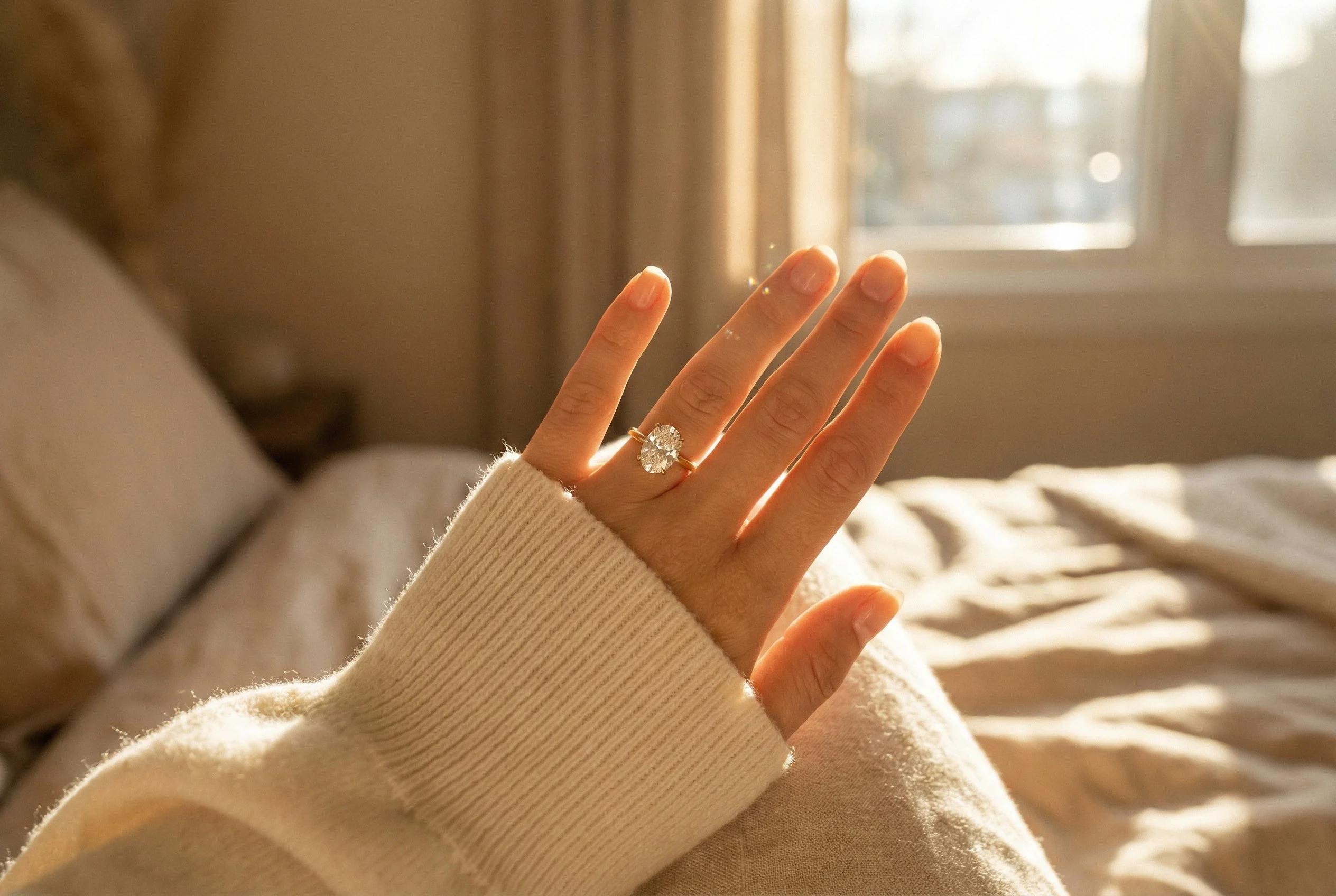 Woman Wearing an Oval Engagement Ring in Yellow Gold - Which Engagement Ring Is Right for Me?