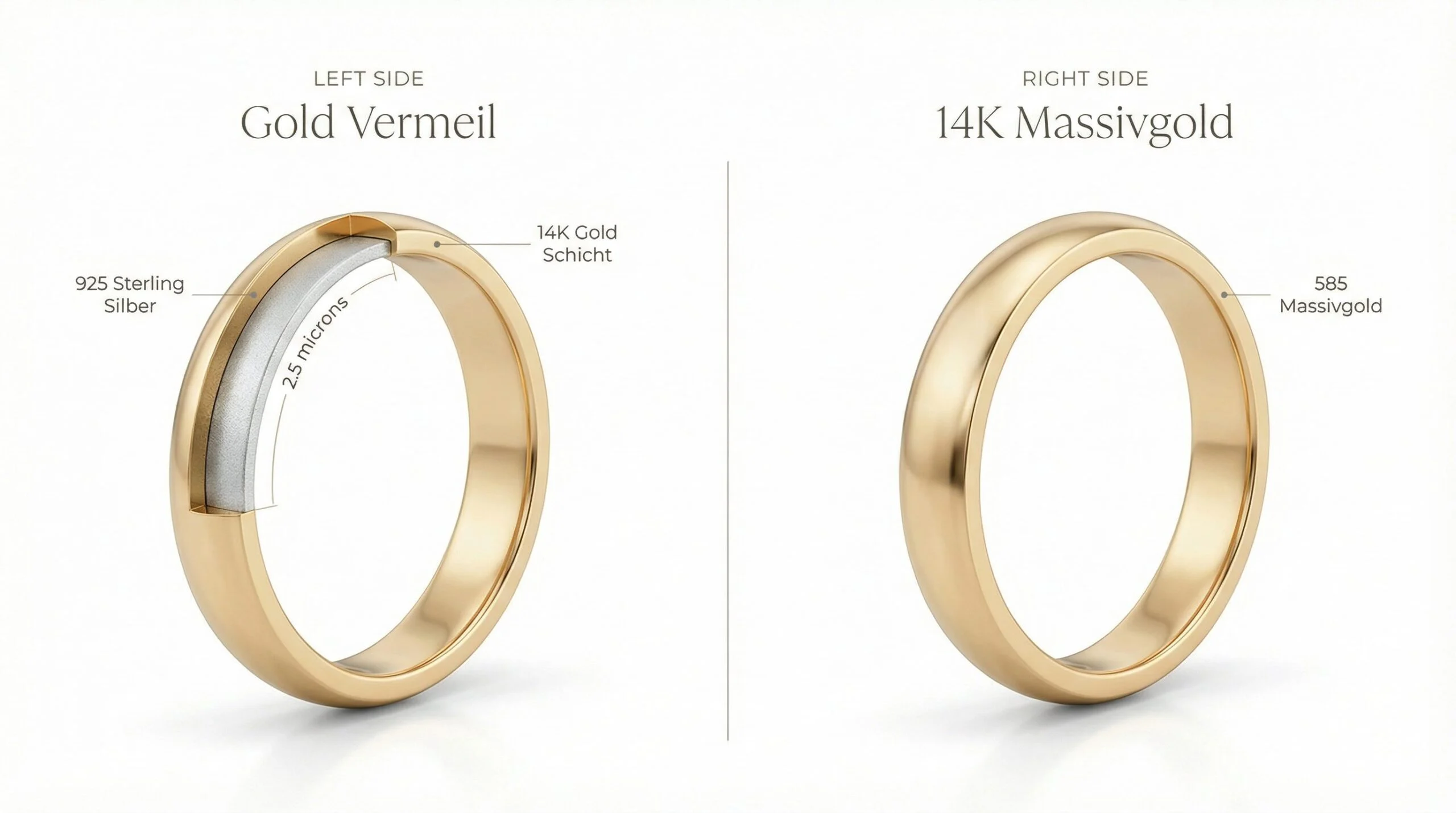 Vergleich Gold Vermeil vs 14K Massivgold Querschnitt