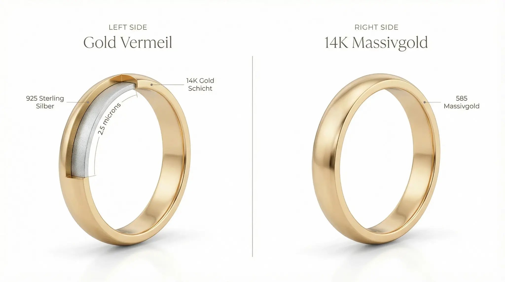 Cross-Section Comparison: Gold vermeil with a 925 sterling silver core and a 14K gold plating vs. solid 14K gold throughout