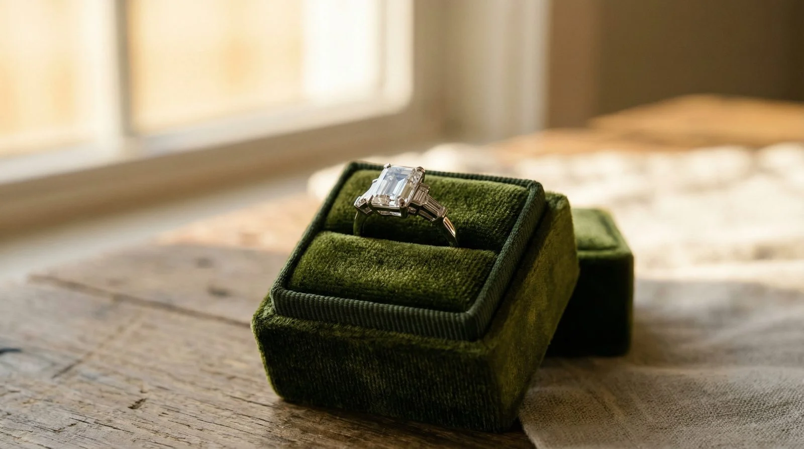How much does an engagement ring cost, and how many carats should it be? – A luxurious ring in a green velvet box