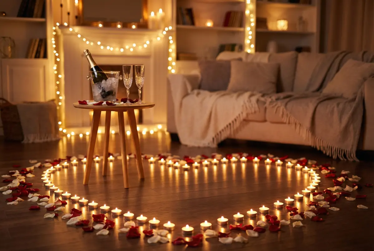 Romantisch dekoriertes Wohnzimmer mit Kerzen und Blumen für einen Heiratsantrag Zuhause