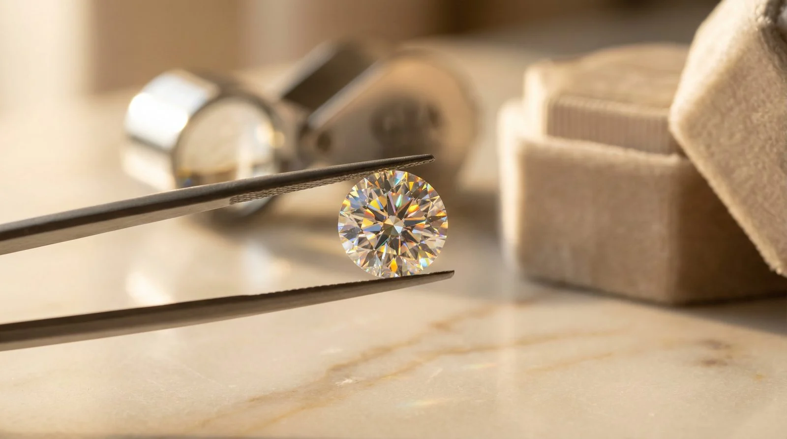A moissanite stone held with tweezers under a magnifying glass – The 4Cs of gemstone grading for engagement rings