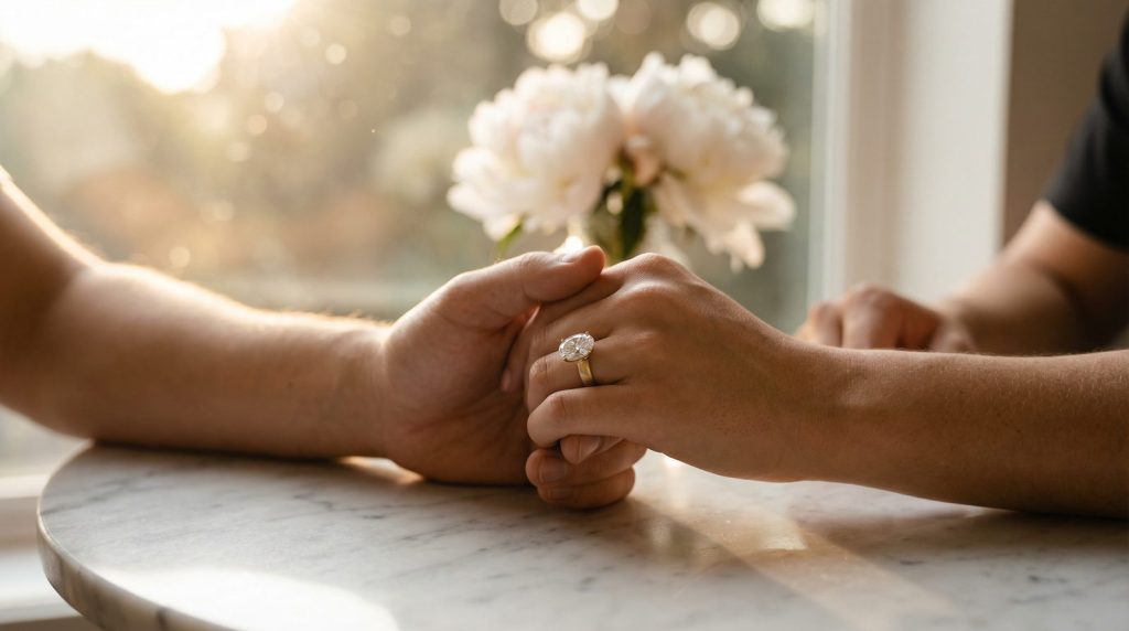 Verlobtes Paar hält Hände mit Verlobungsring auf Marmortisch – Verlobungszeit Guide