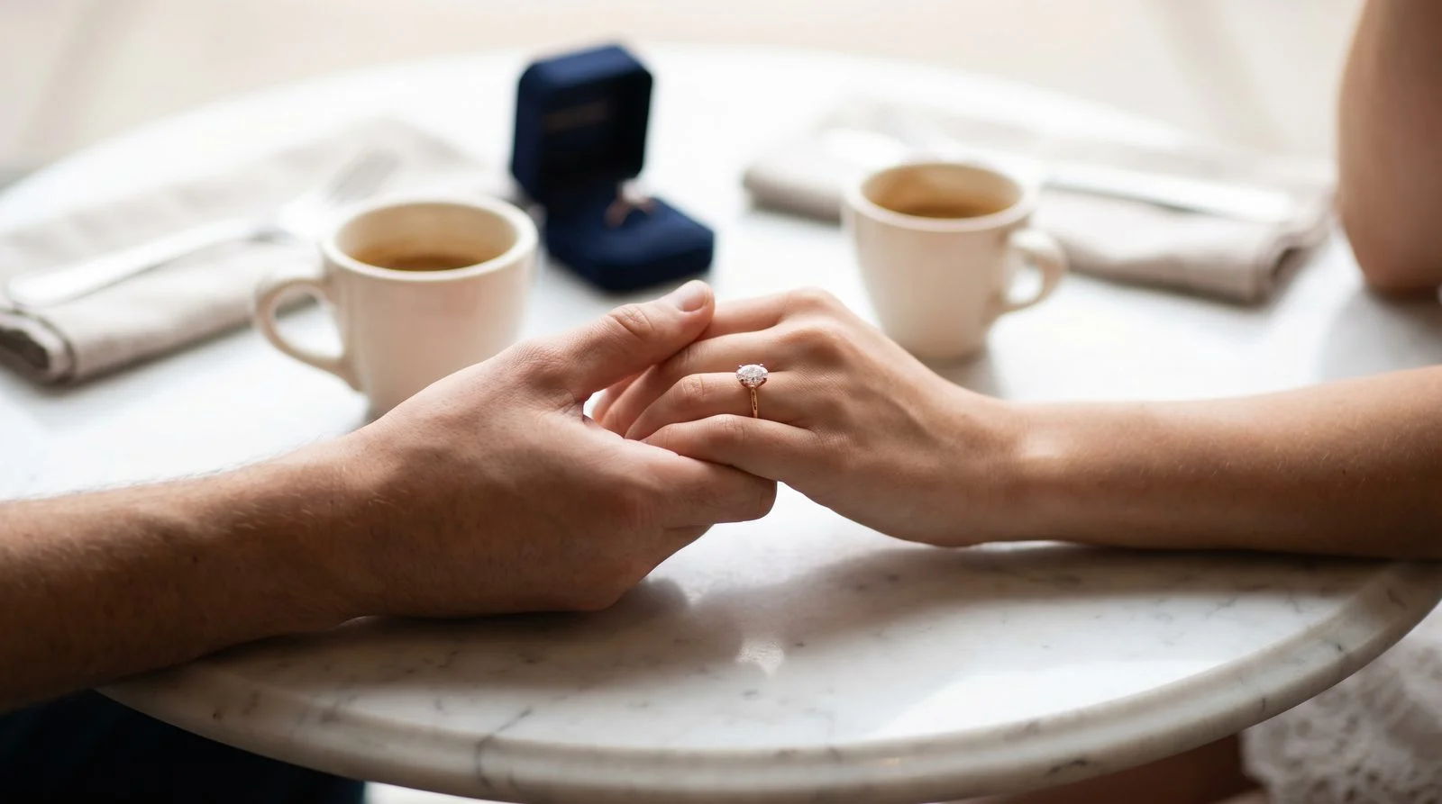 Paar hält Hände an Café-Tisch mit Verlobungsring im Ringbox – Überraschung oder gemeinsam ausgesucht?