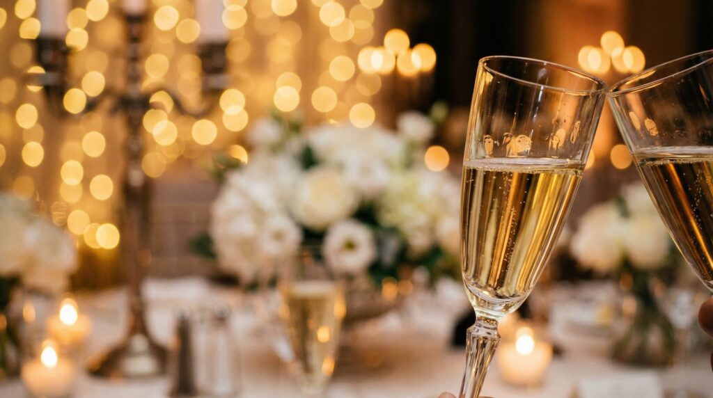 Champagnergläser beim Anstoßen auf einer eleganten Hochzeitsfeier – Hochzeitsrede Tipps