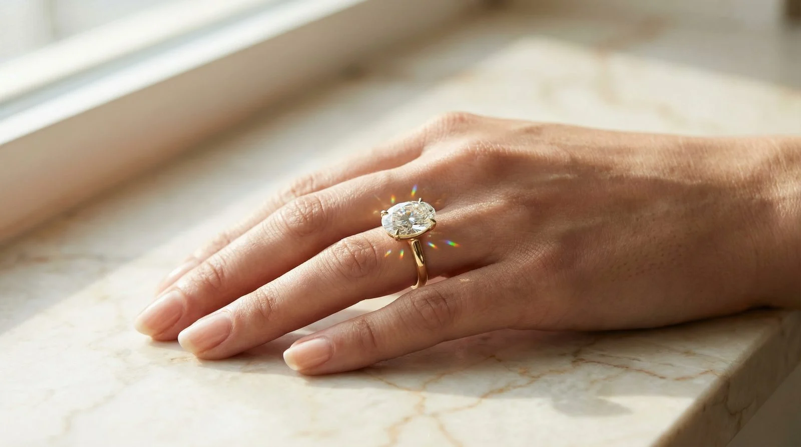 Engagement Ring Carat Size – Oval Moissanite Ring on a Finger Resting on Marble