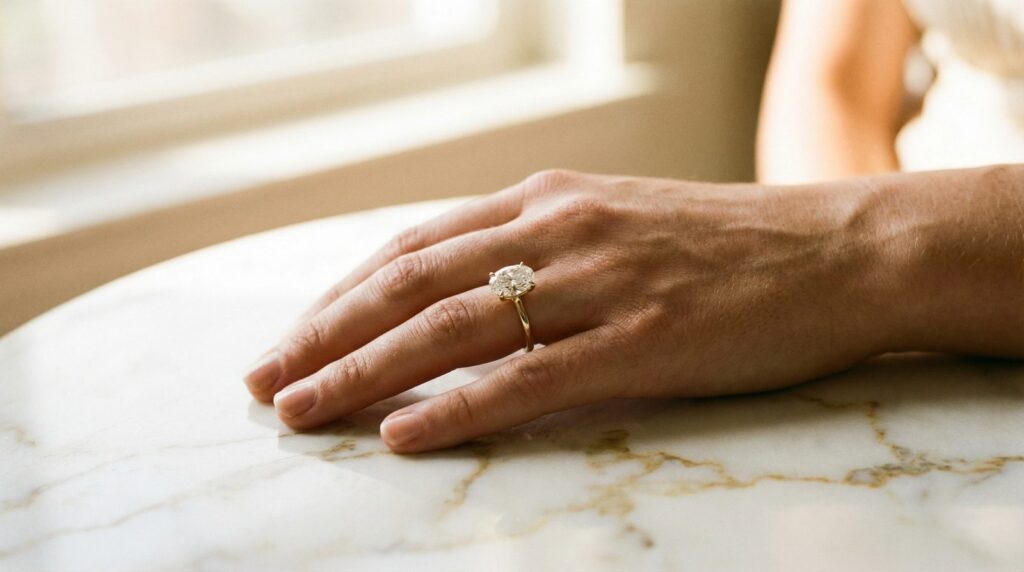 Karat-Größenvergleich Verlobungsring am Finger – ovaler Moissanit auf Marmor