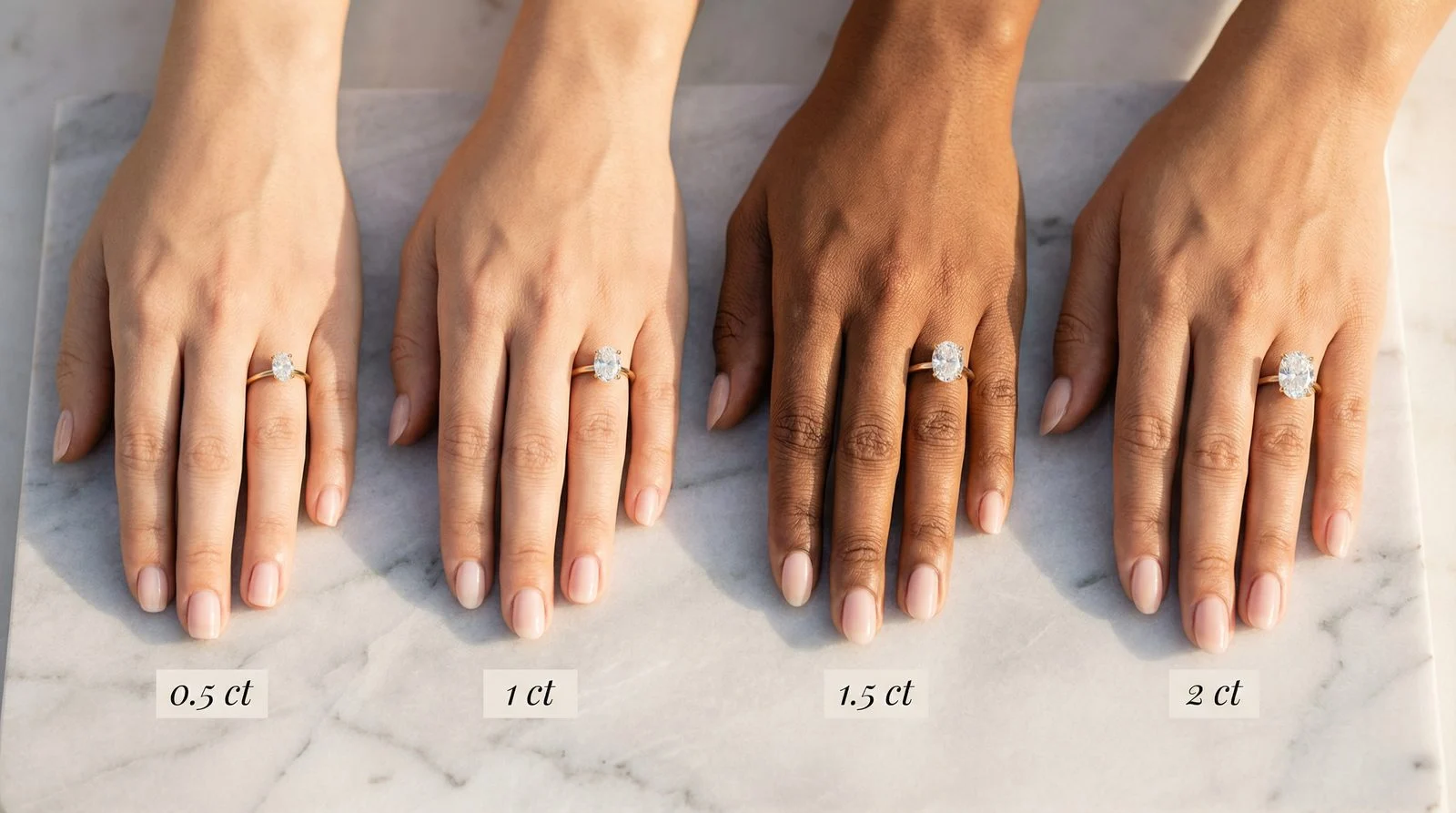 Karat-Größenvergleich am Finger: 0,5 ct, 1 ct, 1,5 ct und 2 ct ovaler Moissanit nebeneinander