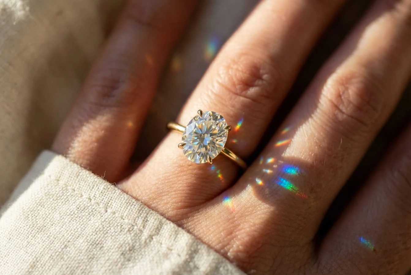 Close-up of a moissanite stone with intense rainbow fire and brilliance