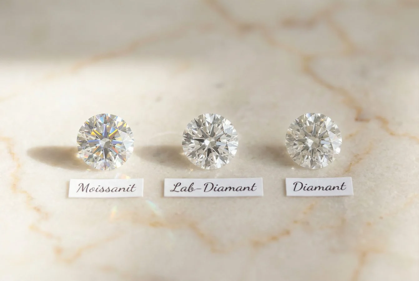 A Comparison of Three Gemstones: Moissanite, Lab-Grown Diamond, and Natural Diamond on Marble