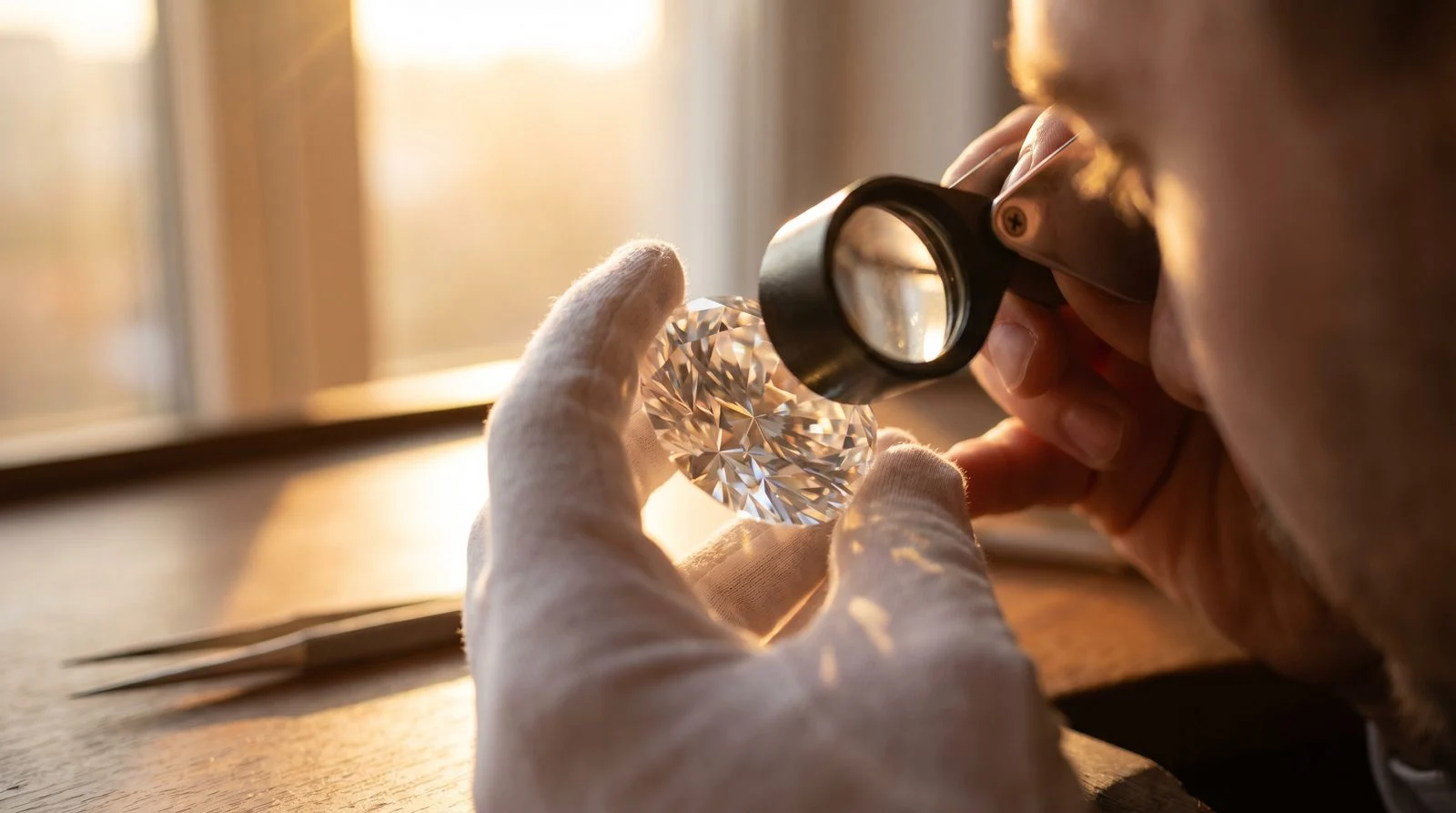 Prominente mit Labordiamanten: Was wirklich belegt ist 1 Gemmologische Prüfung eines geschliffenen Diamanten unter einer Lupe
