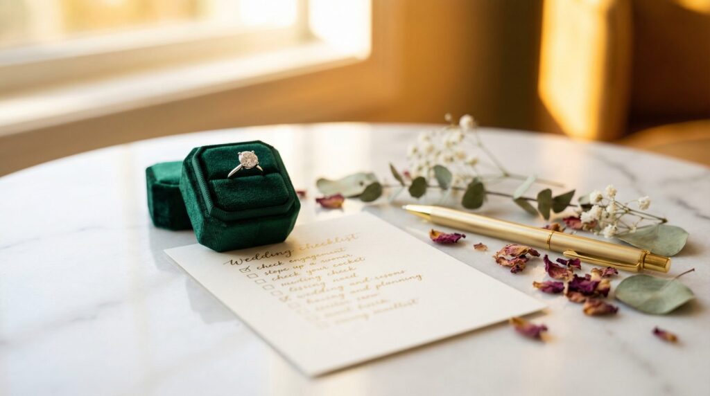 Hochzeitsplanung Checkliste mit Verlobungsring und Notizen auf Marmortisch